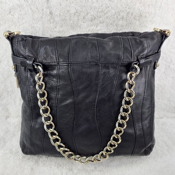 JUNIOR DRAKE Black Lambskin Leather Shoulder Bag with Gold Chain Accent Straps - Picture 15 of 15